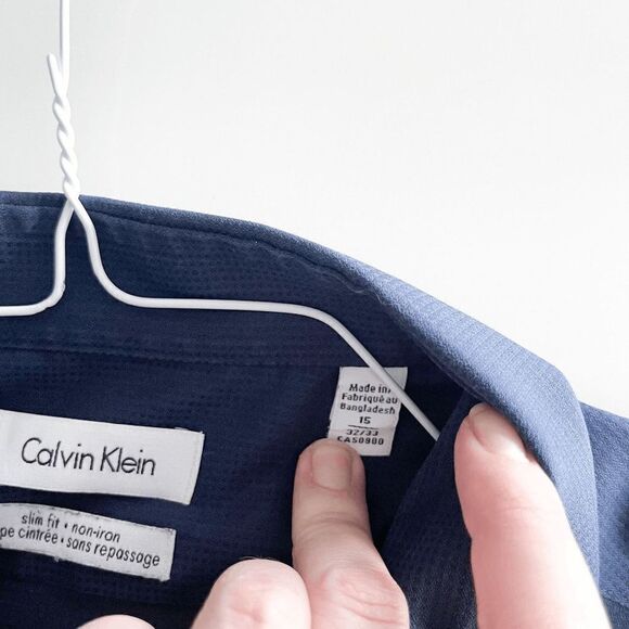 Calvin Klein Mens Dress Shirt Slim Fit Button Down Long Sleeve Blue Size 15 - Picture 9 of 9